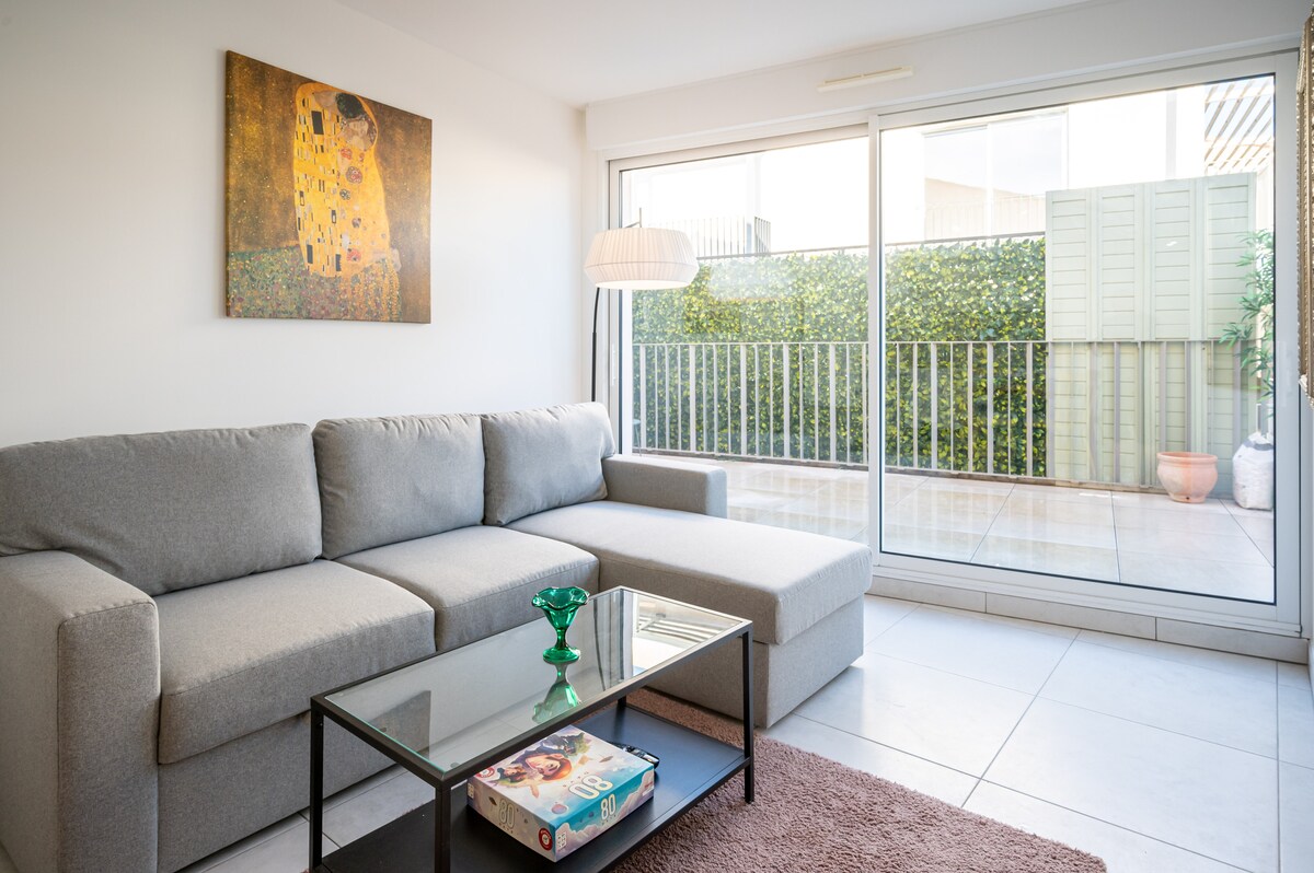 Living room with sofa and terrace view