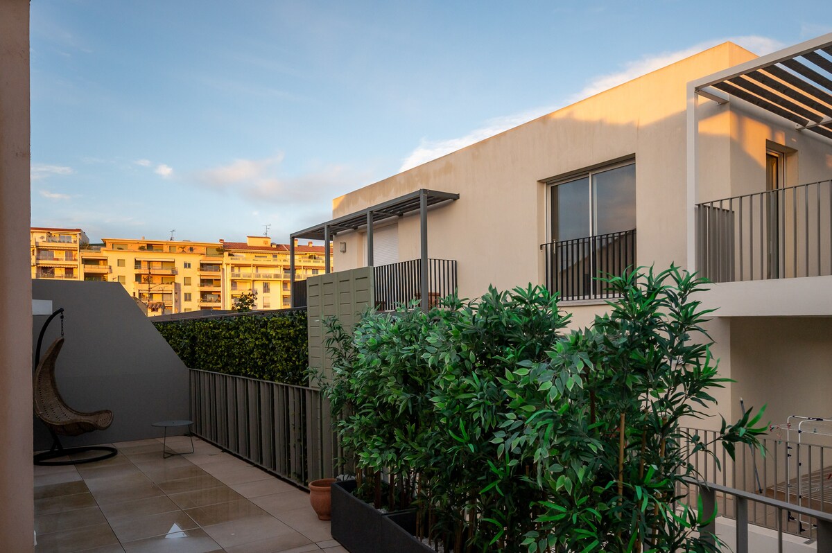 Sunset view from terrace with plants