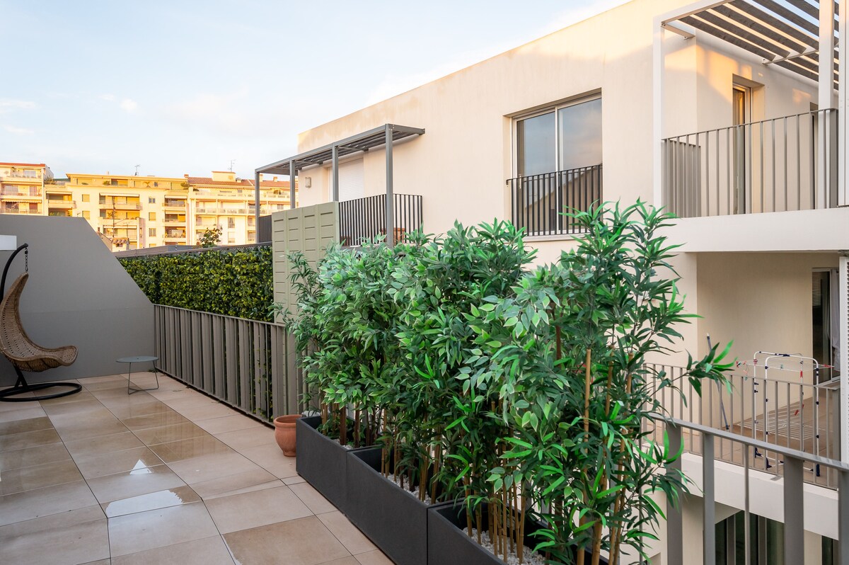 Terrace at golden hour with city backdrop