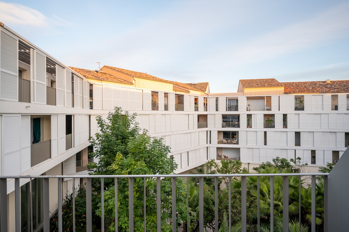 Courtyard view from terrace at sunset