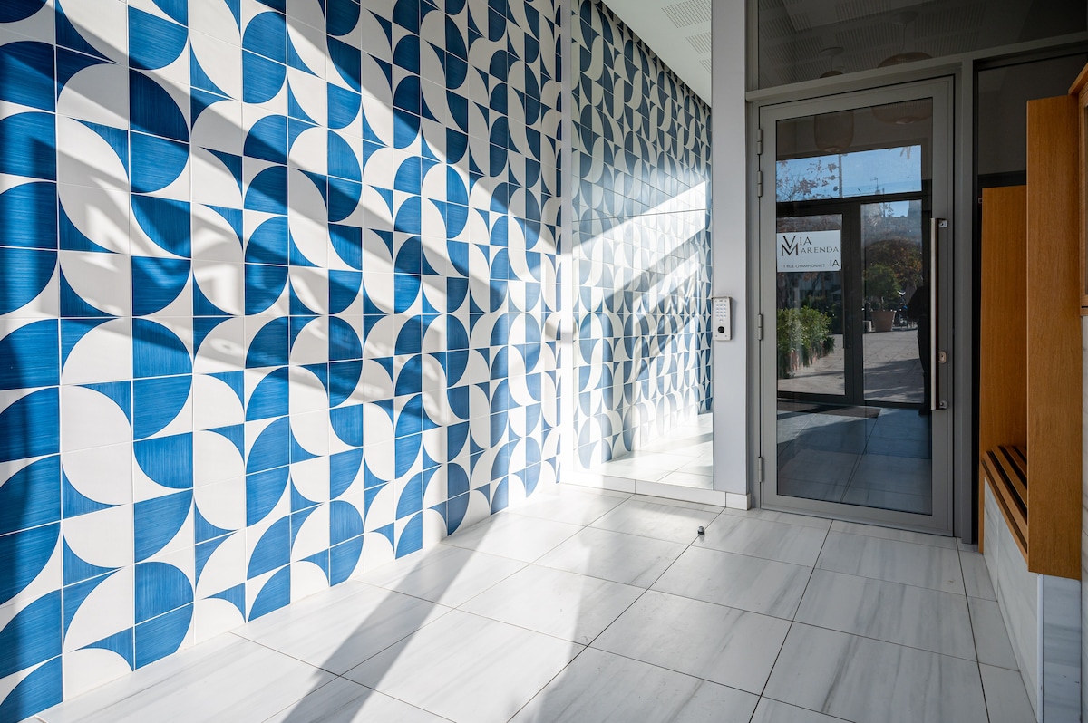 Building entrance with decorative tiles