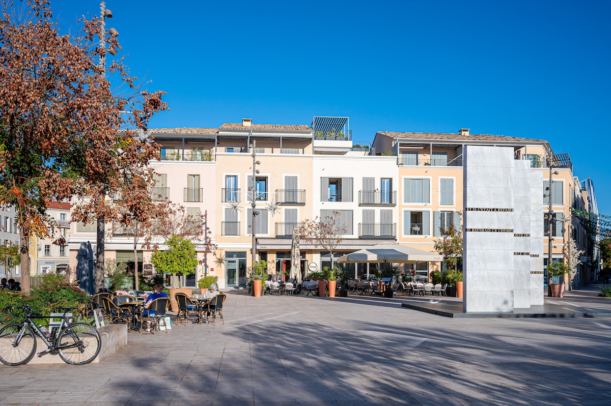 Charming town square with cafes